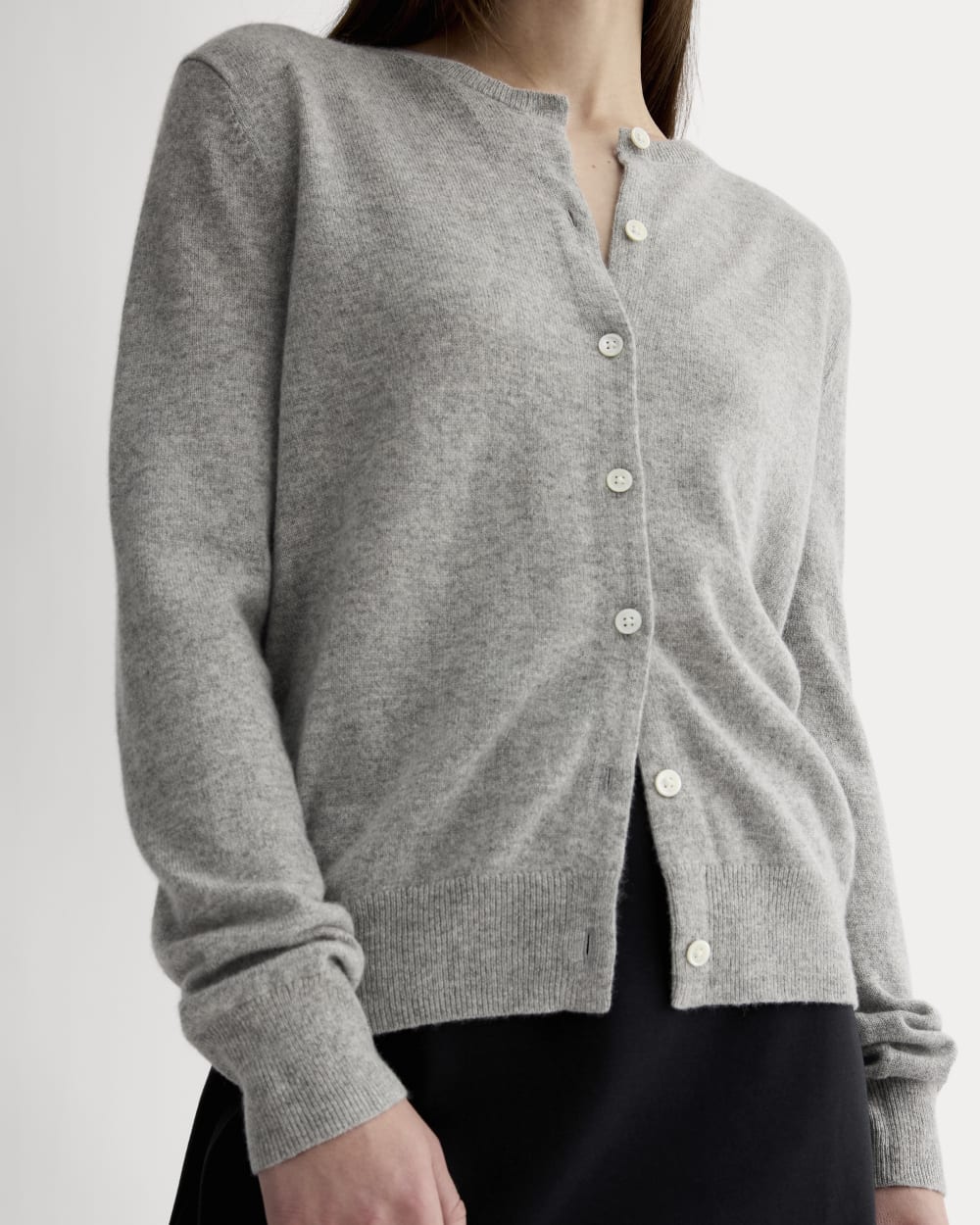The Classic Cardigan in Cashmere in Light Heather Grey — detail view