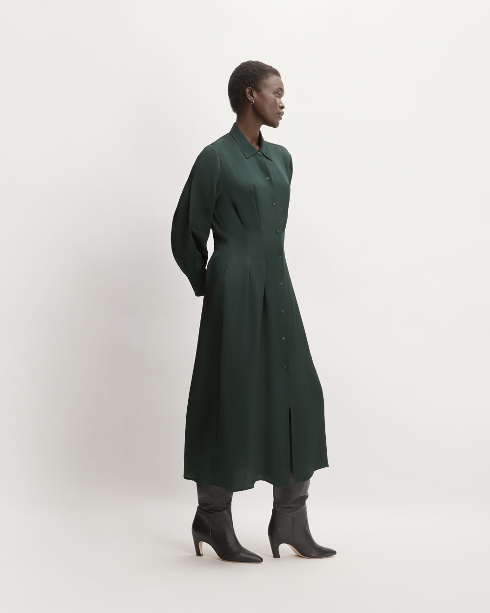 The Hammered Satin Shirt Dress in Scarab — detail view