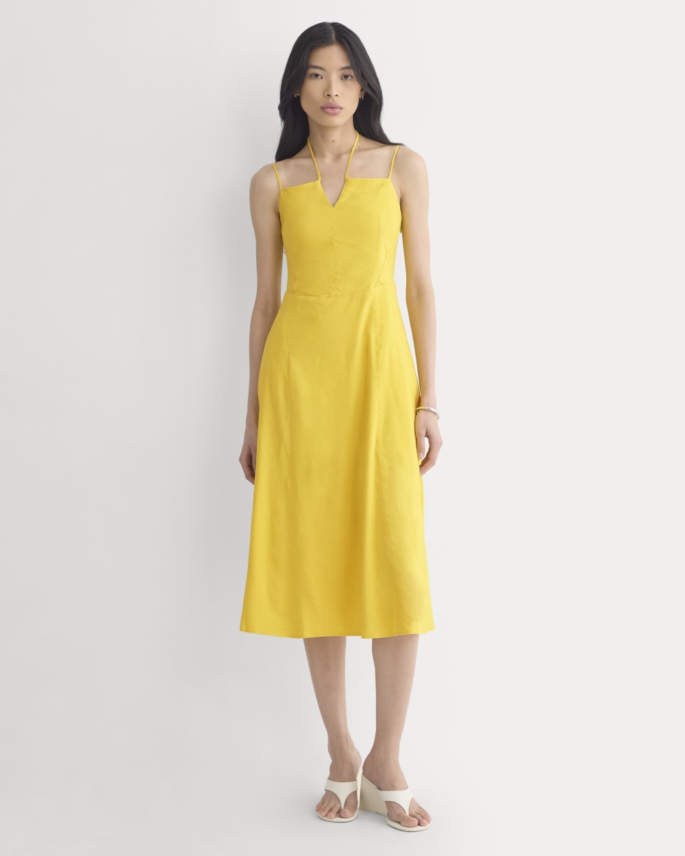 Tie-Neck Dress in Stretch Linen in Passion Fruit — front view