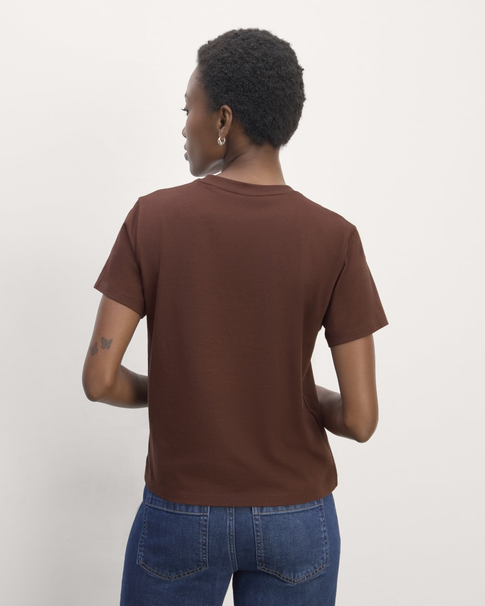 The Box-Cut Tee in Essential Cotton in Dark Mahogany — detail view