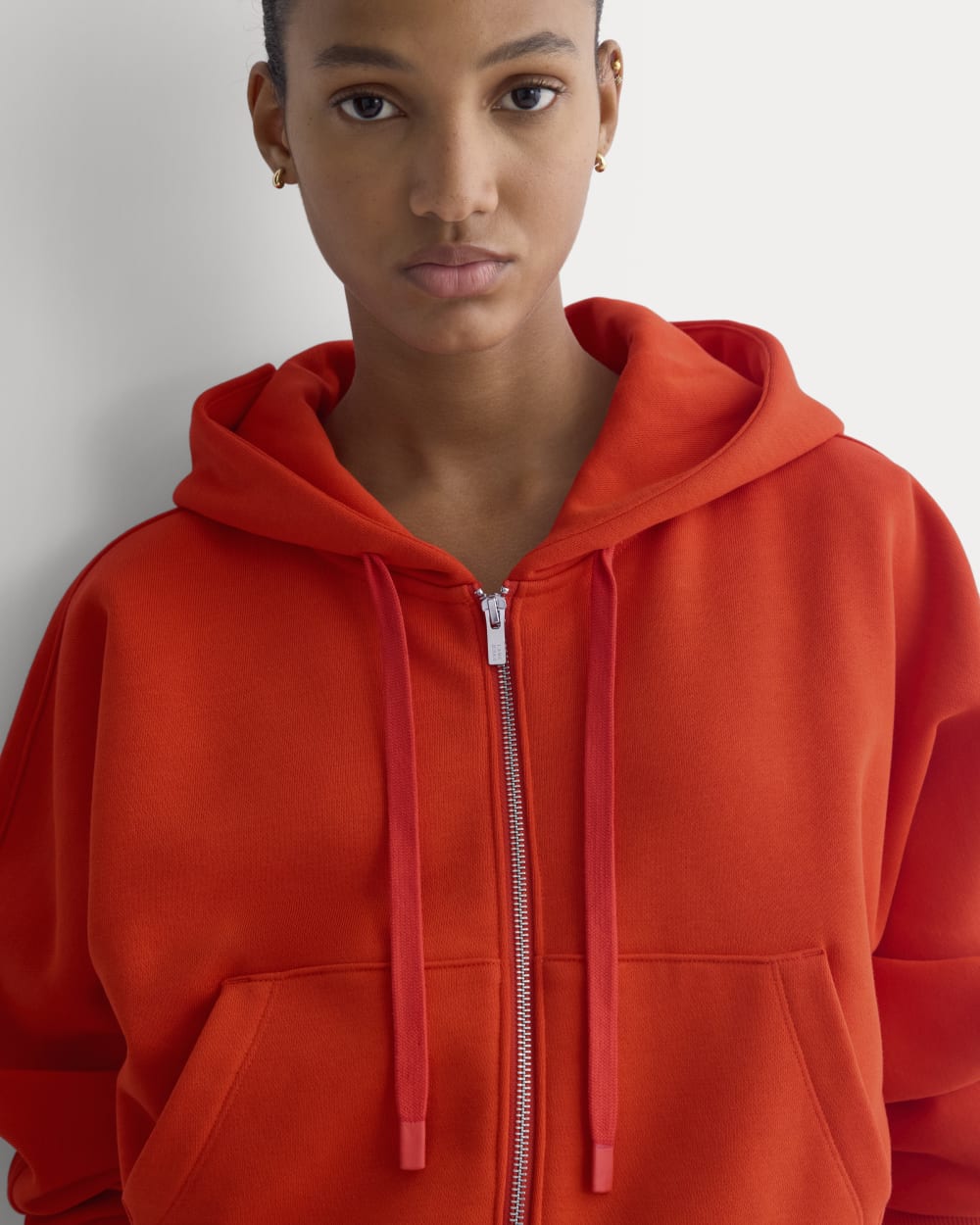Luxe Fleece Full-Zip Cropped Hoodie in Fiery Red — detail view