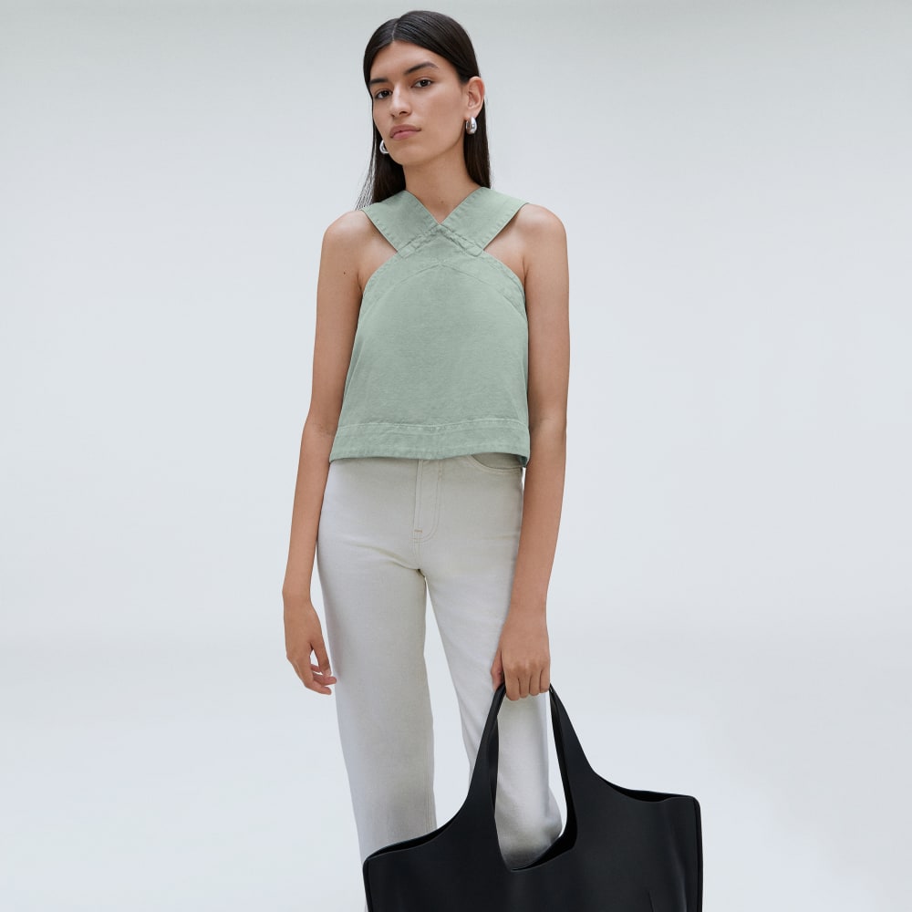 The Cross-Front Apron Top in Sea Glass — detail view
