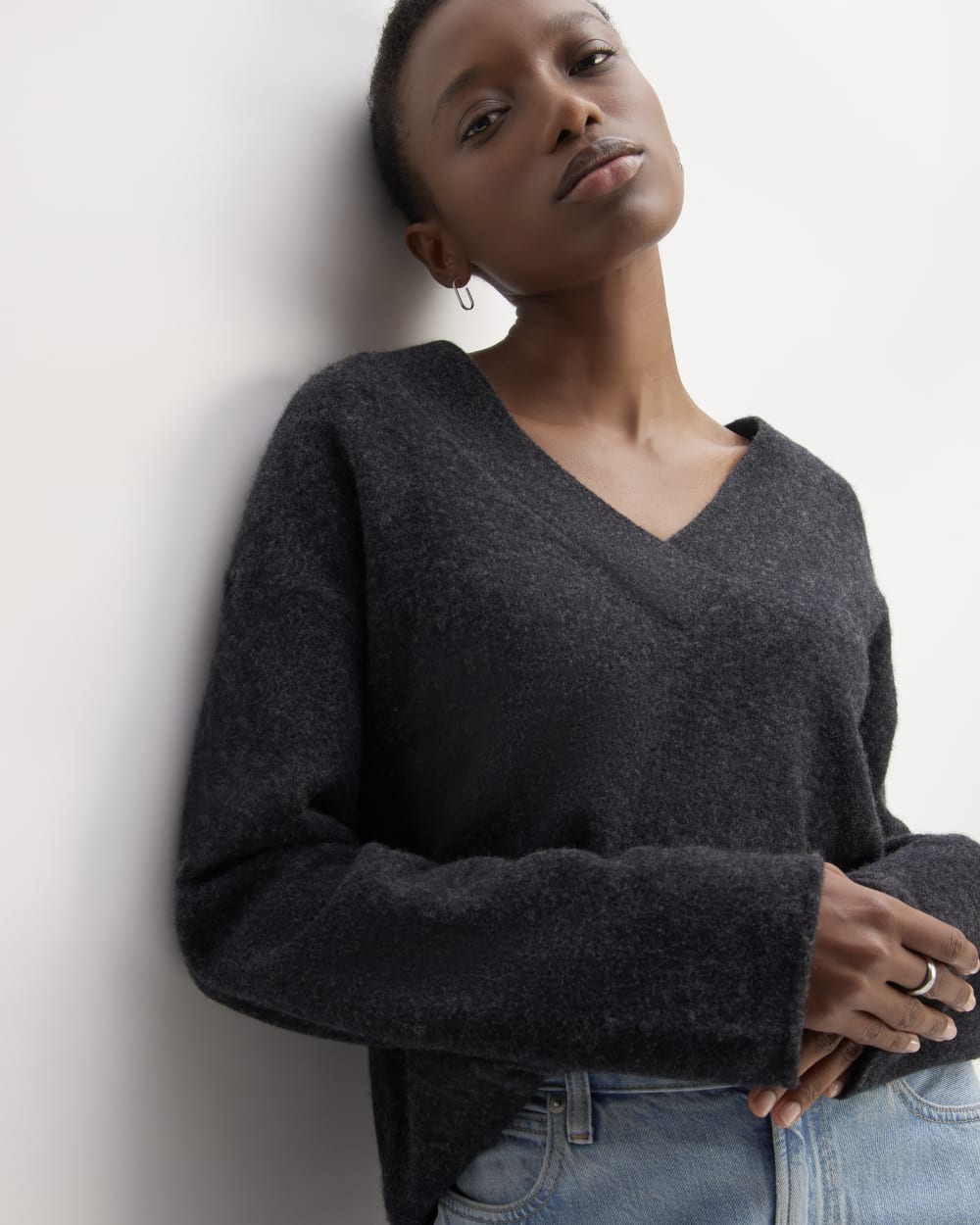 The Cozy-Stretch V-Neck Sweater in Charcoal — detail view