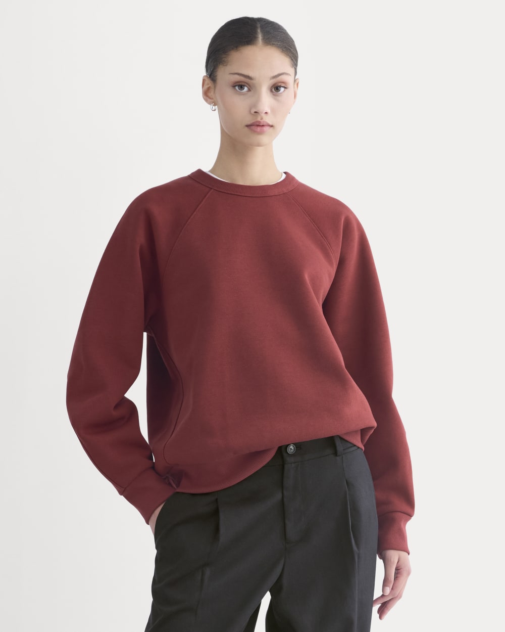 Luxe Fleece Raglan Crewneck in Merlot — front view