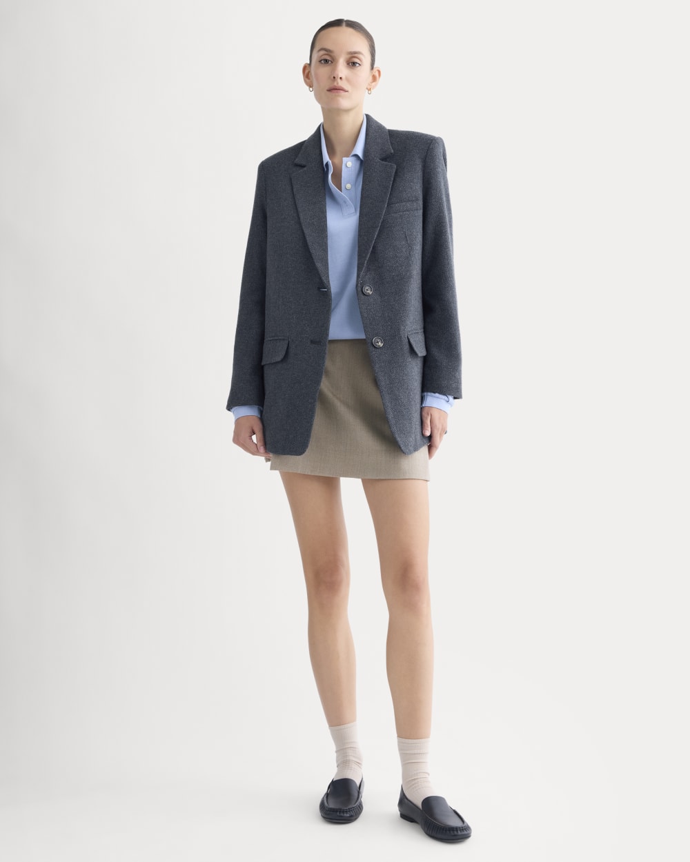 The Oversized Blazer in Wool in Navy Herringbone — detail view