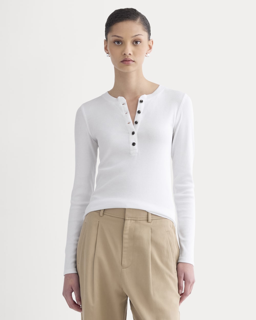 The Luxe Rib Henley in White — front view