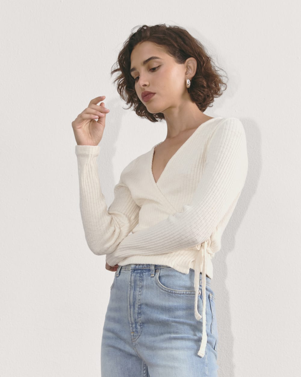 The Cozy Rib Wrap Top in Bone — detail view