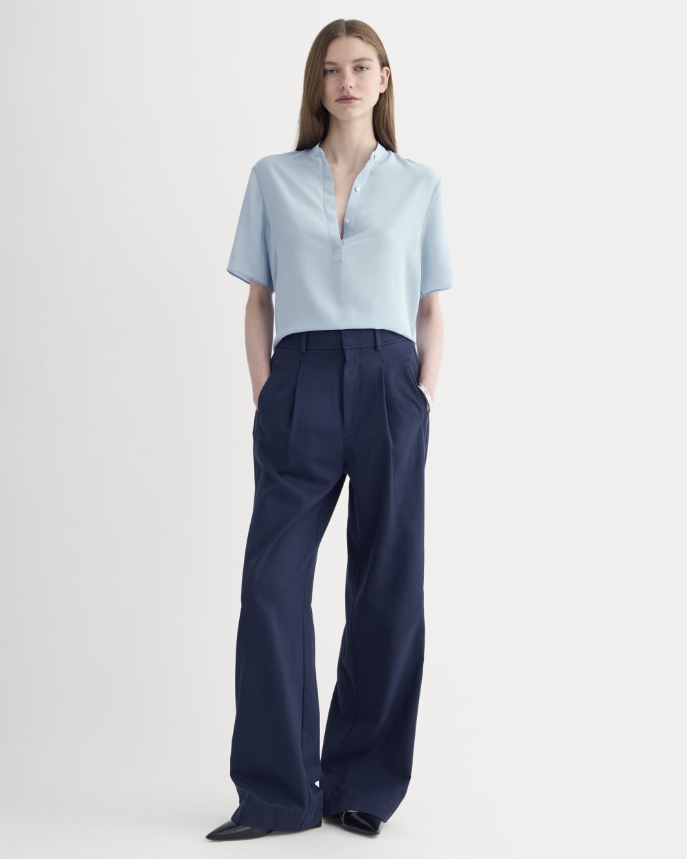 The Popover Top in Washable Silk in Soft Blue — detail view