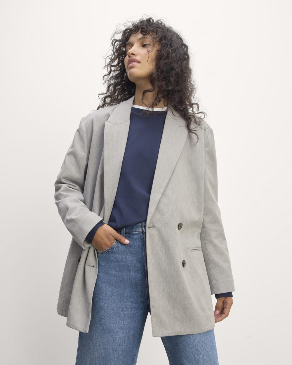 The Double-Breasted Blazer in Buttersmooth in Heather Steel — front view