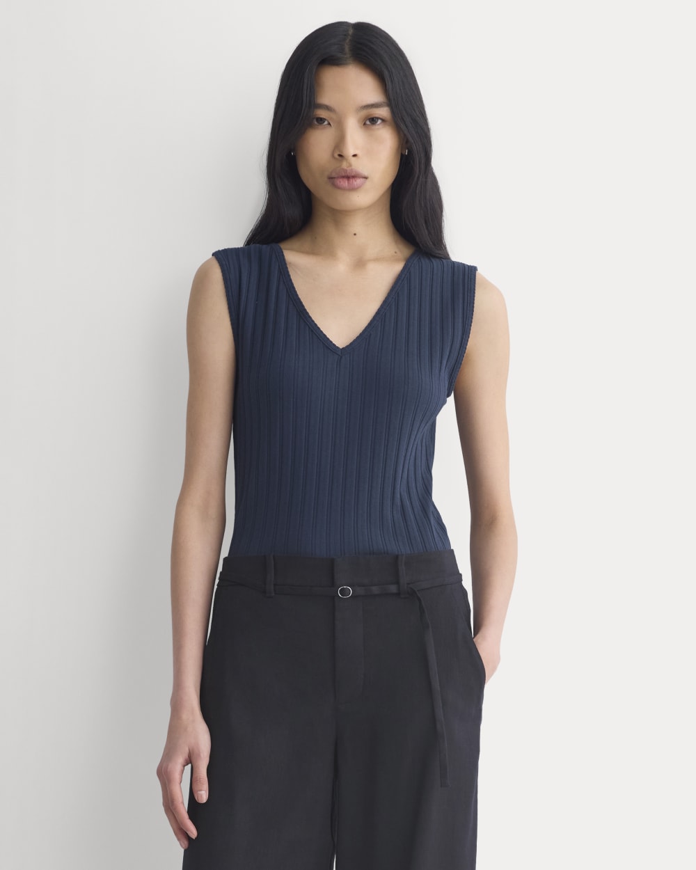 V-Neck Tank in Pointelle in Deep Navy — front view