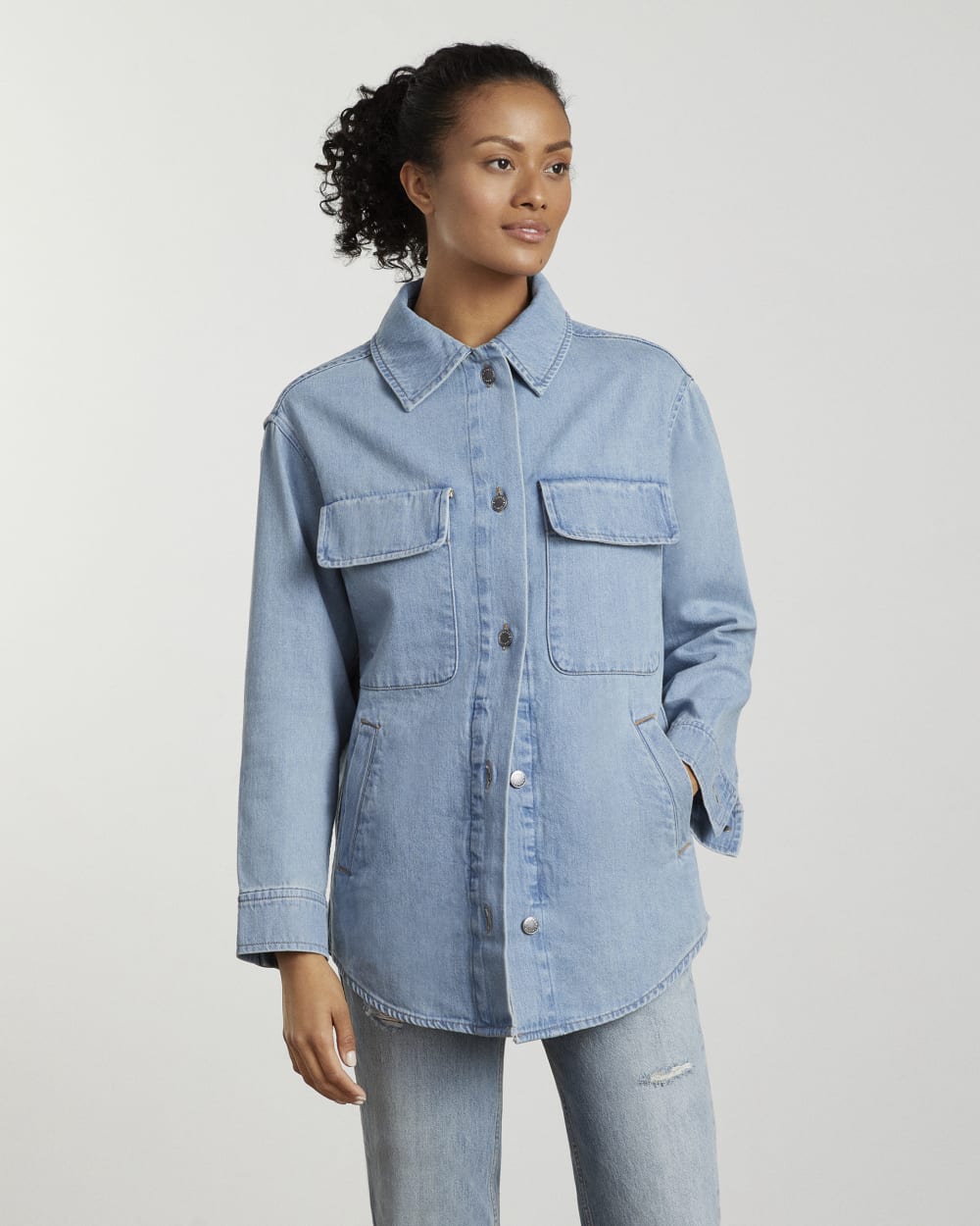 The Denim Shirt Jacket in Myrtle Sky — detail view