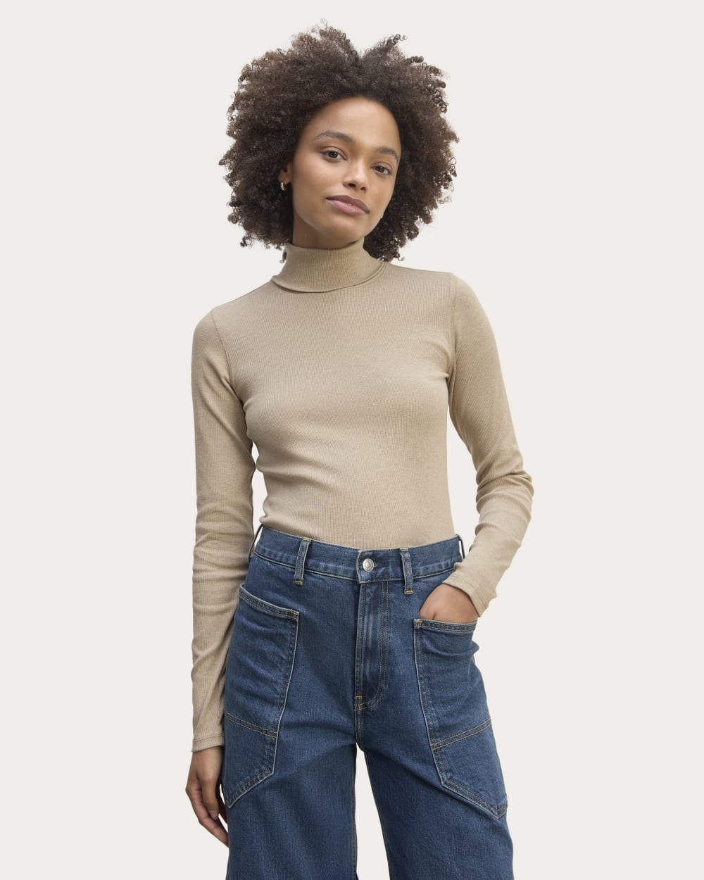 The Luxe Rib Turtleneck in Heathered Tan — front view