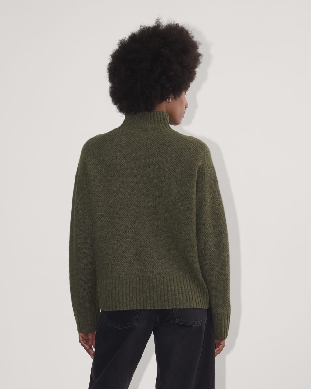 The Honeycomb Funnel Neck in Wool Cashmere in Heathered Army Green — detail view