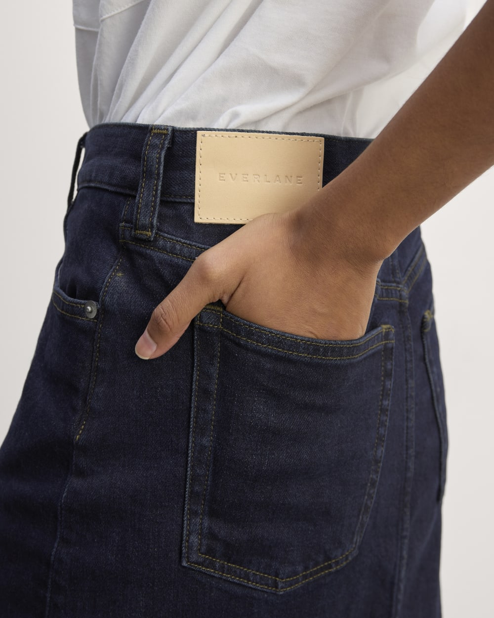 The Mid-Way Skirt in Deep Rinse — detail view