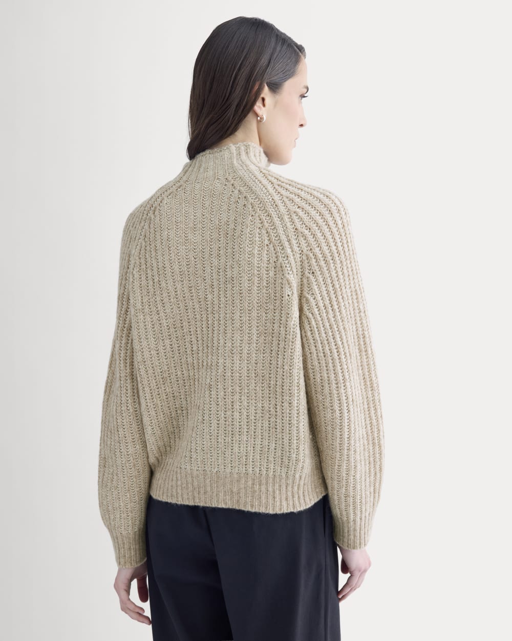 Funnel-Neck Ribbed Henley Sweater in Heathered Almond / Bone Vertical Stripe — detail view