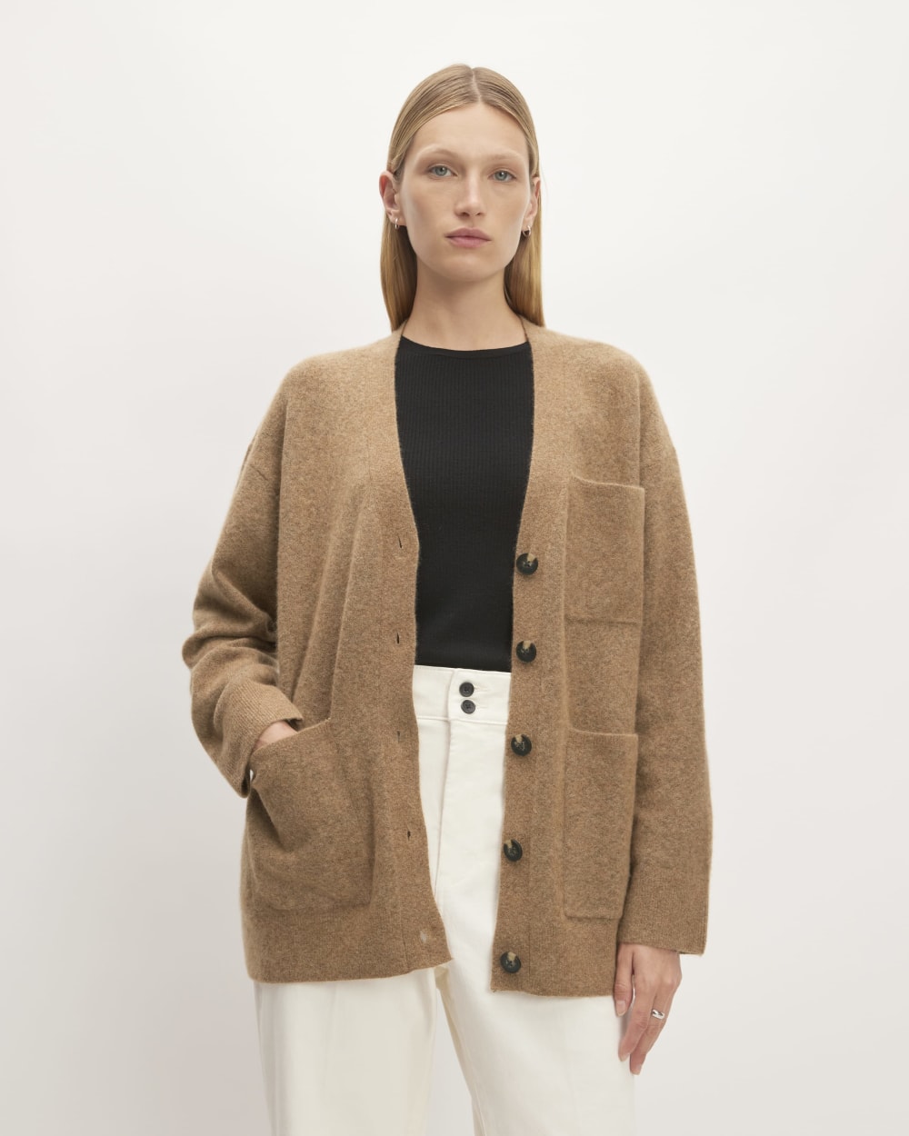 The Cozy-Stretch Relaxed Cardigan in Heathered Toasted Coconut — front view