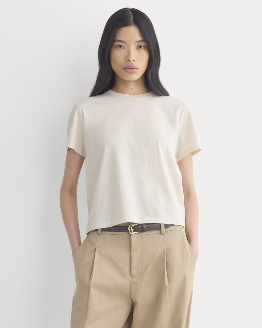 The Box-Cut Tee in Essential Cotton in Heathered Oats — front view