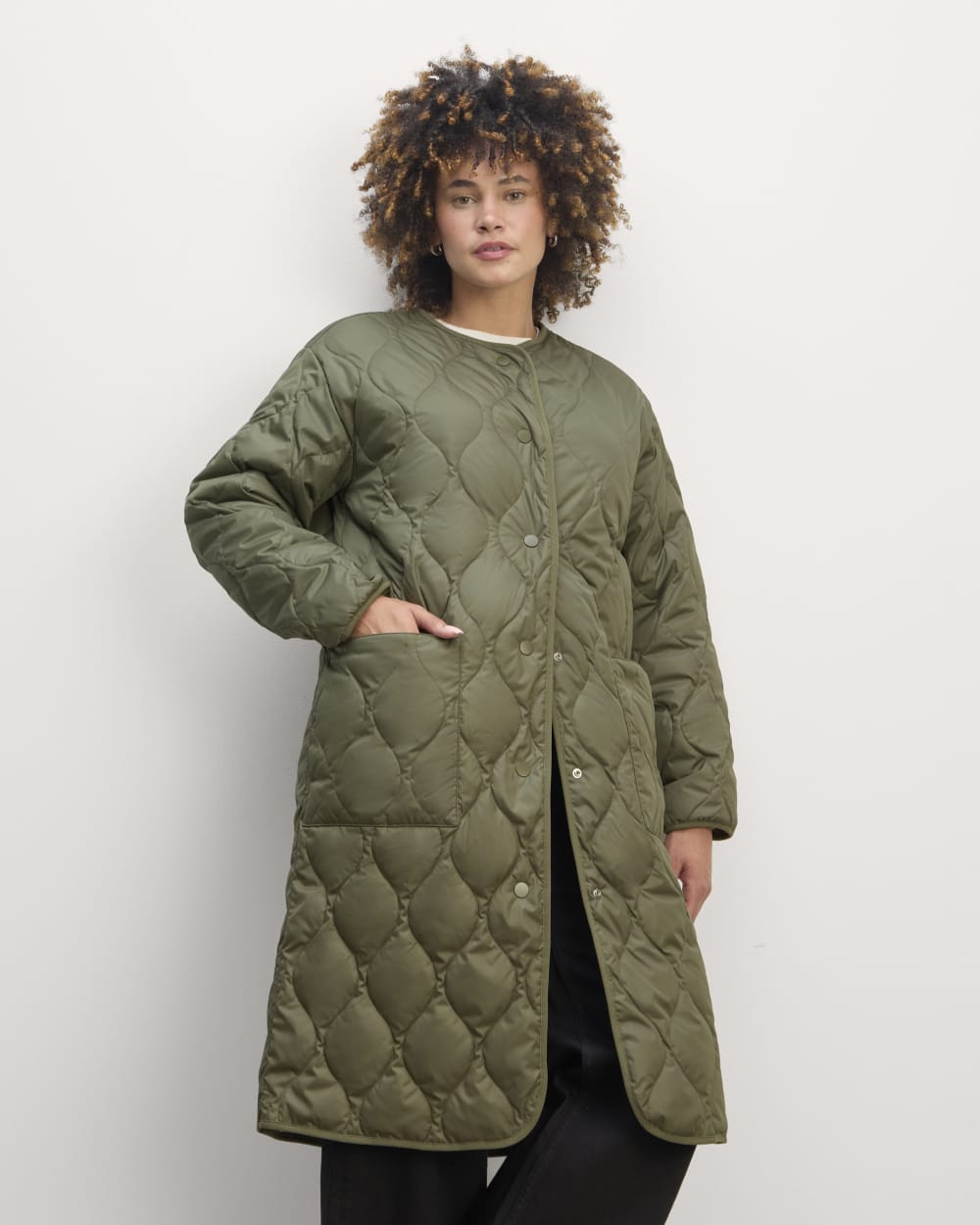 The Long Quilted Liner in Kalamata — front view