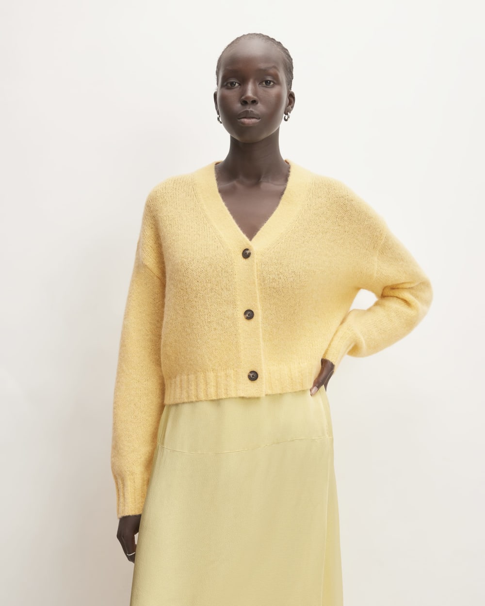 The Alpaca V-Neck Cropped Cardigan in Raffia — front view