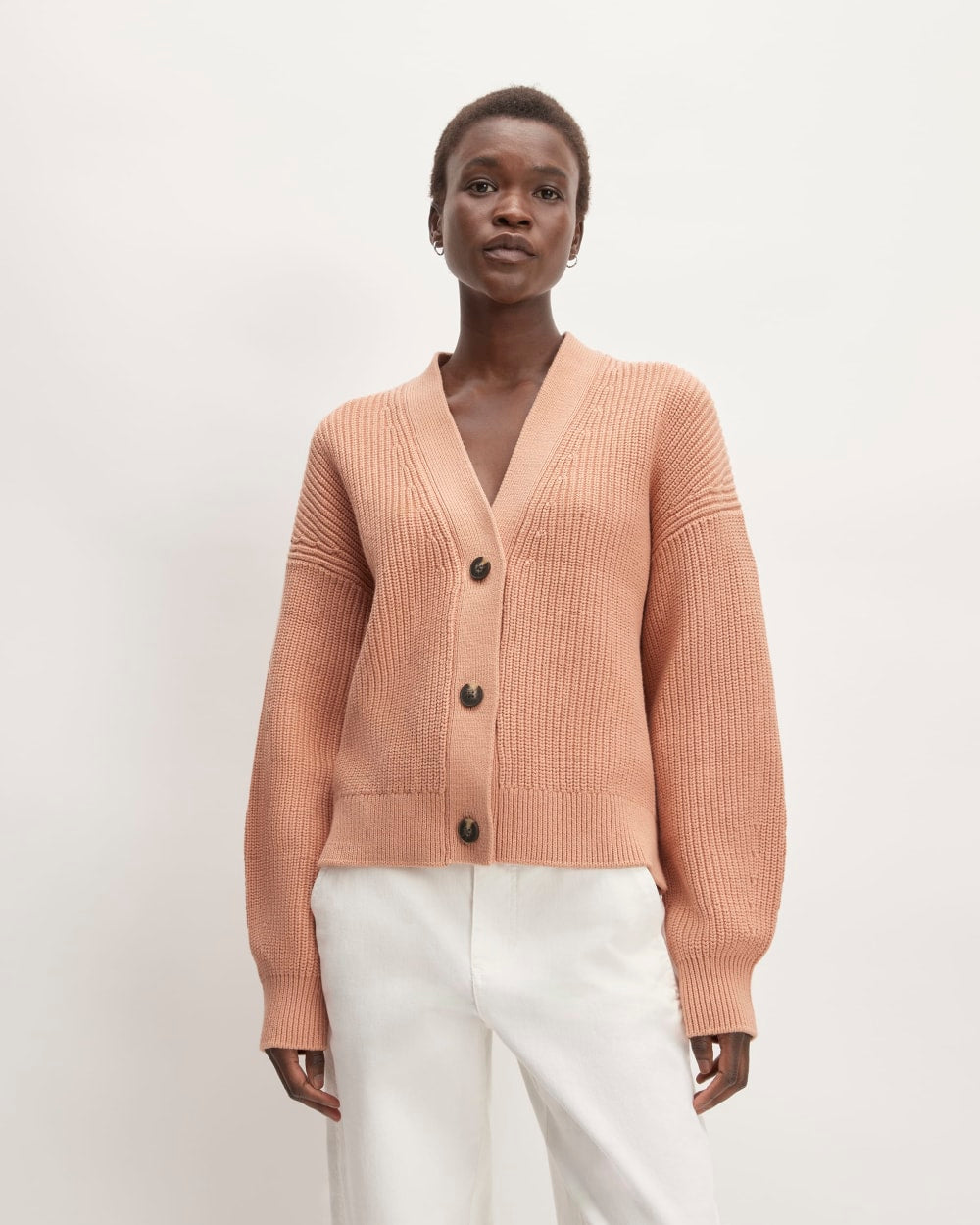 The Boxy Cardigan in Everyday Cotton in Blush Pink — front view