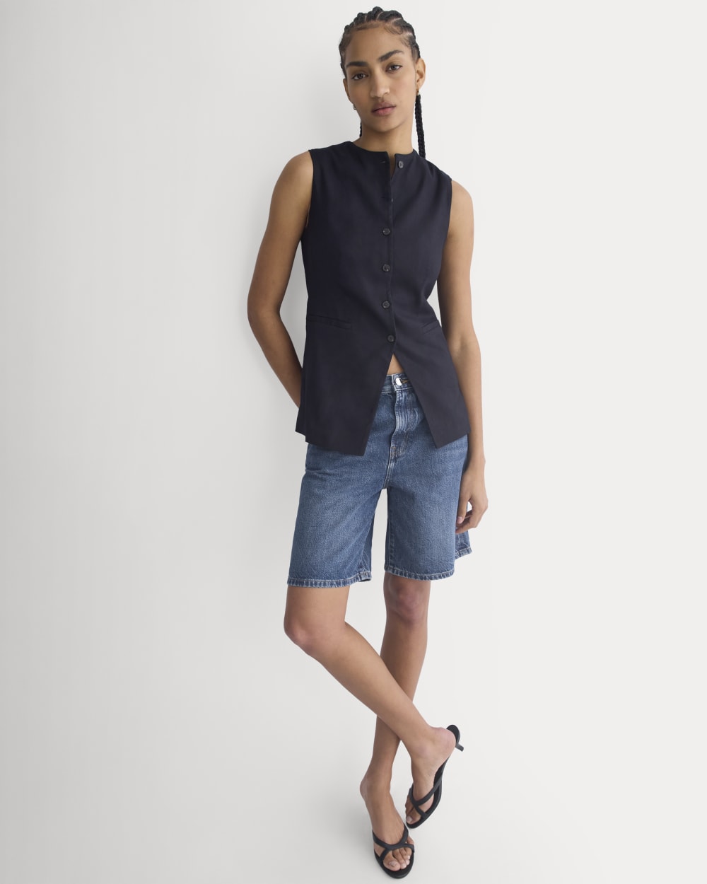 Loose Jean Short in Dark Wash — detail view