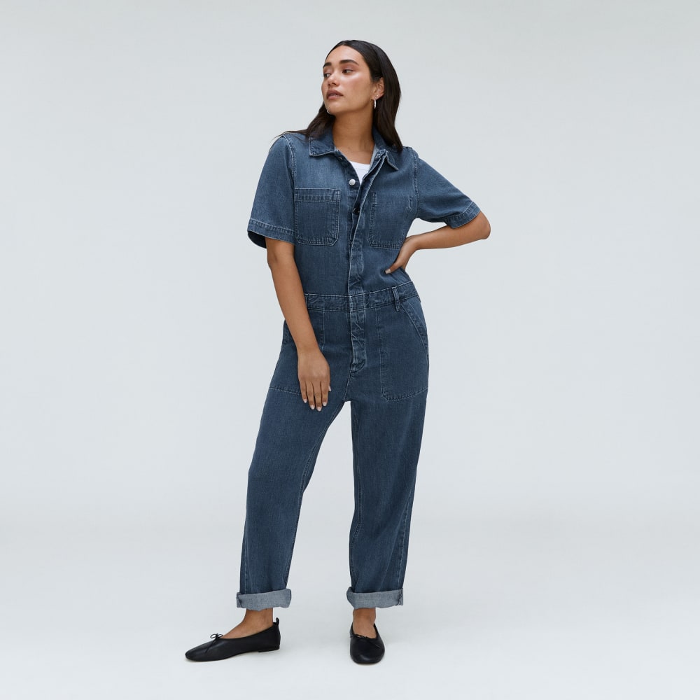 The Supersoft Jean Coverall in Work Blue — front view