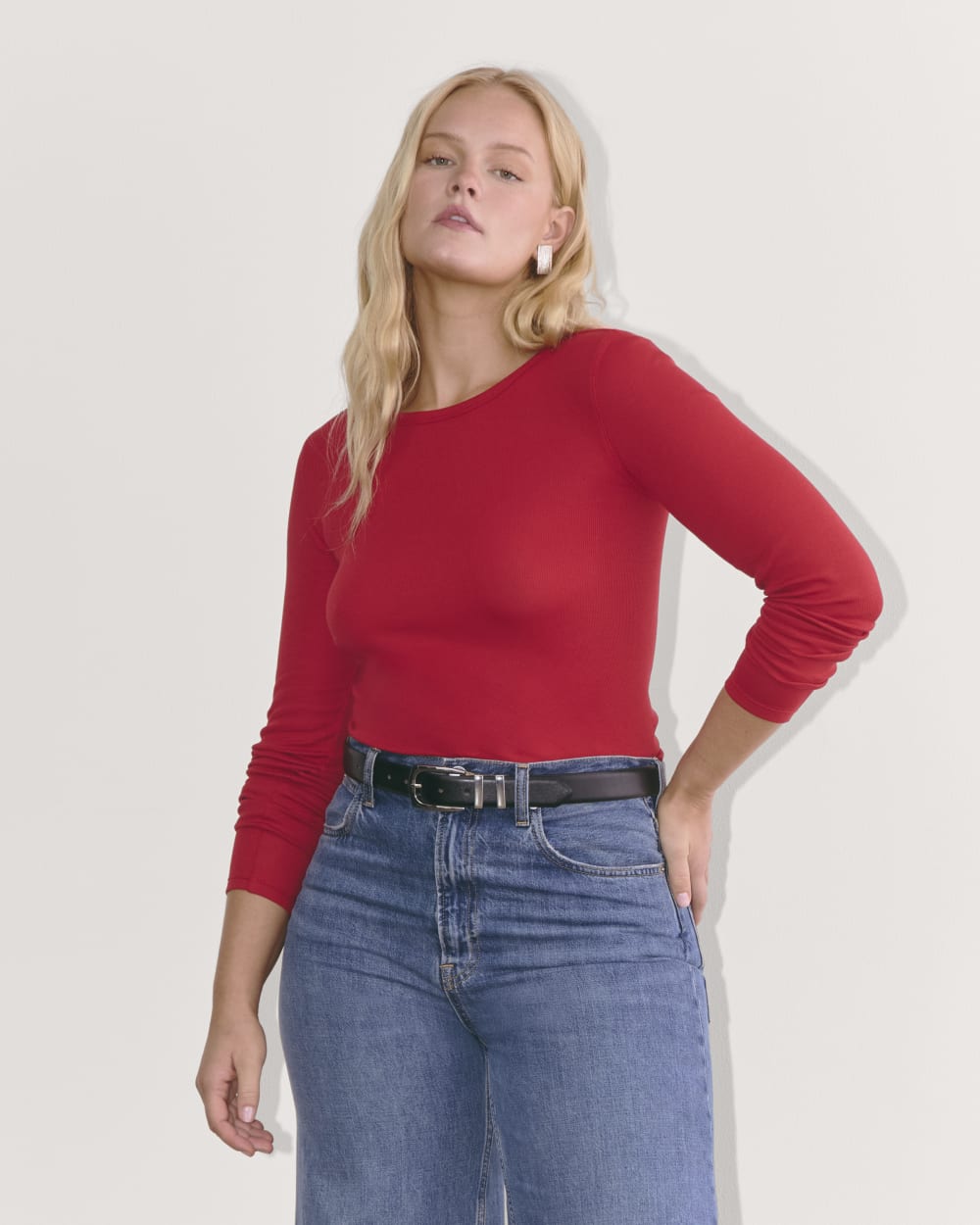 The Luxe Rib Long-Sleeve Crew in Berry Red — front view