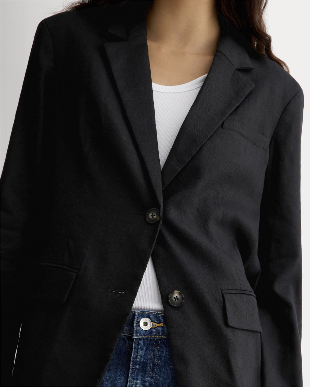 The Oversized Blazer in Buttersmooth in Black — detail view