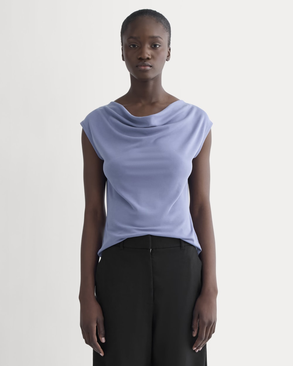The Draped Top in Butterknit in Blue Dusk — front view