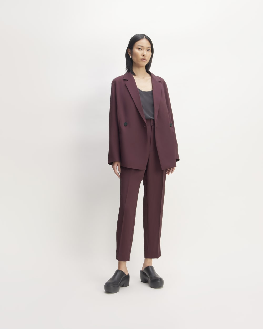 The Drapey Blazer in Burgundy — detail view