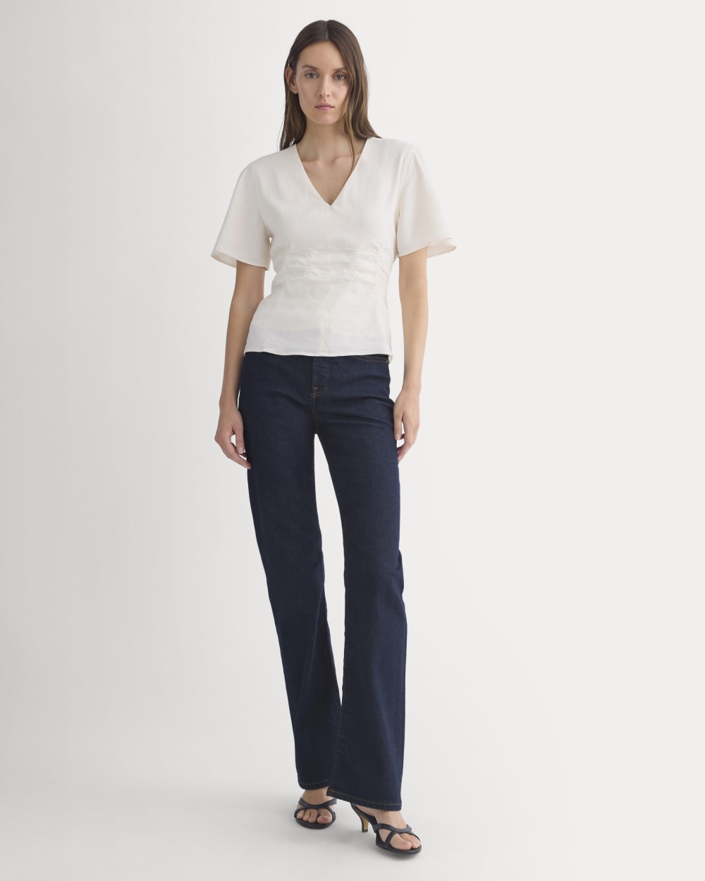 Cinched Top in Stretch Linen in Bone — detail view