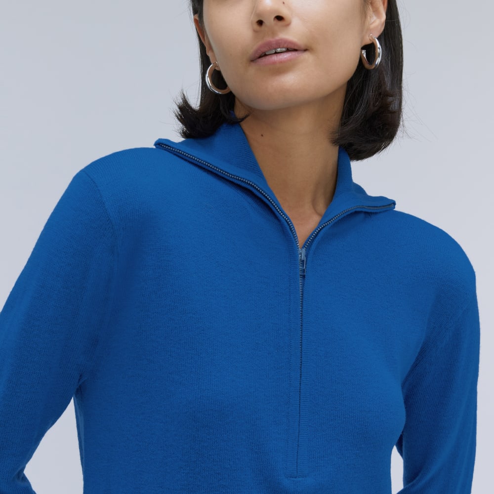 The Luxe Merino Half-Zip Sweater in Lapis Blue — detail view