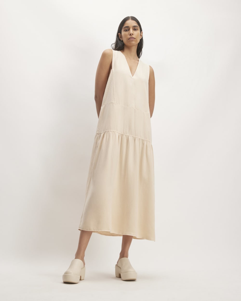 The TENCEL™ V-Neck Dress in Whisper Pink — front view