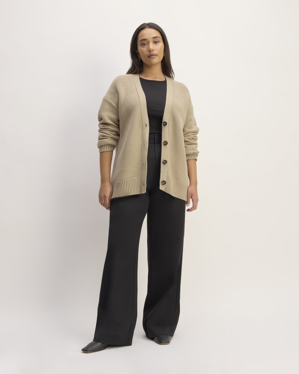 The Cotton Honeycomb Cardigan in Trench Coat Khaki — detail view