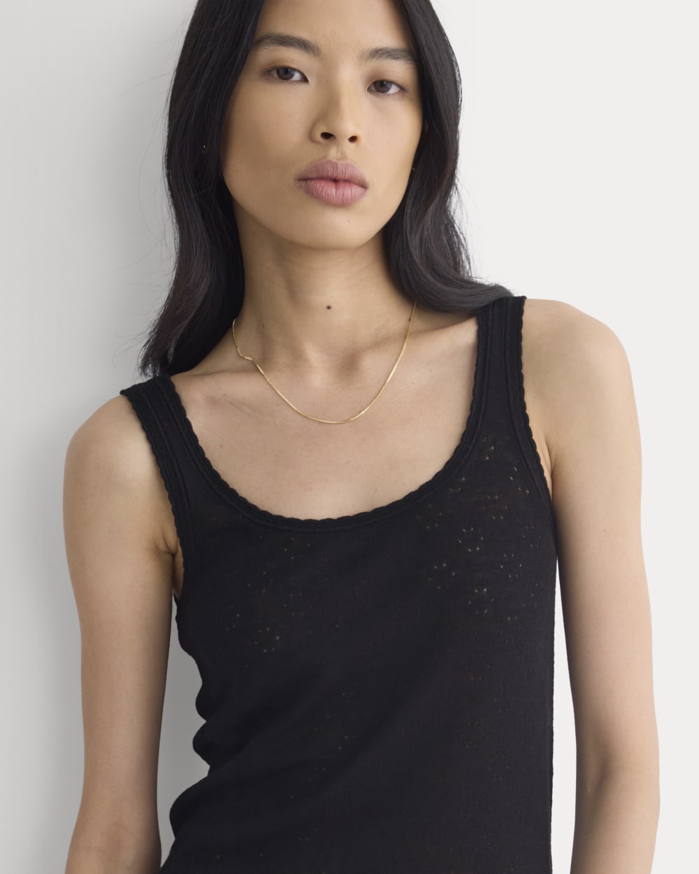 Lace-Trimmed Tank in Fine Linen in Black — detail view