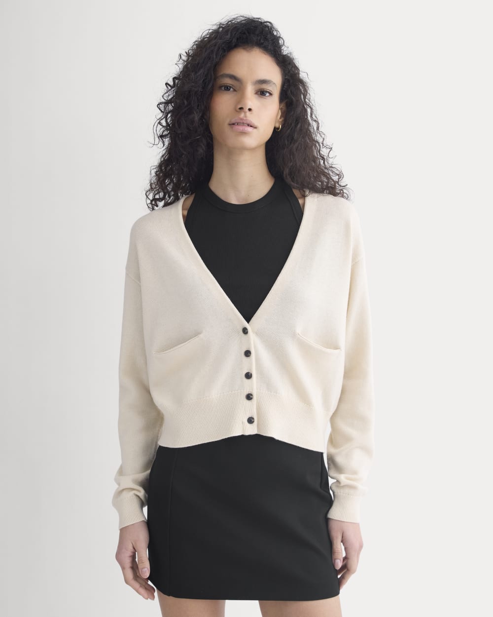 Deep V-Neck Cardigan in Cotton Merino in Canvas — front view