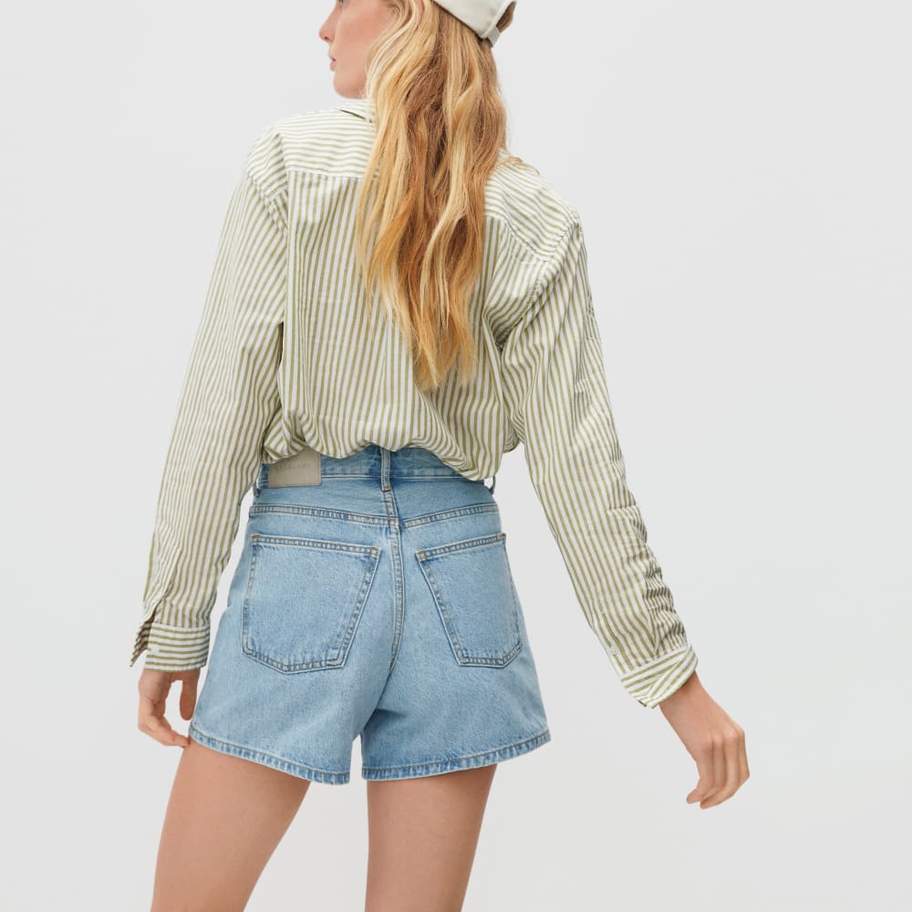 The A-Line Denim Short in Powder Blue — detail view