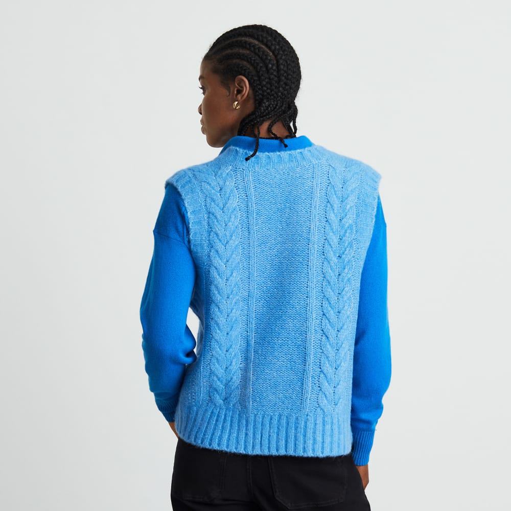 The Cloud Cable-Knit Vest in Lake — detail view