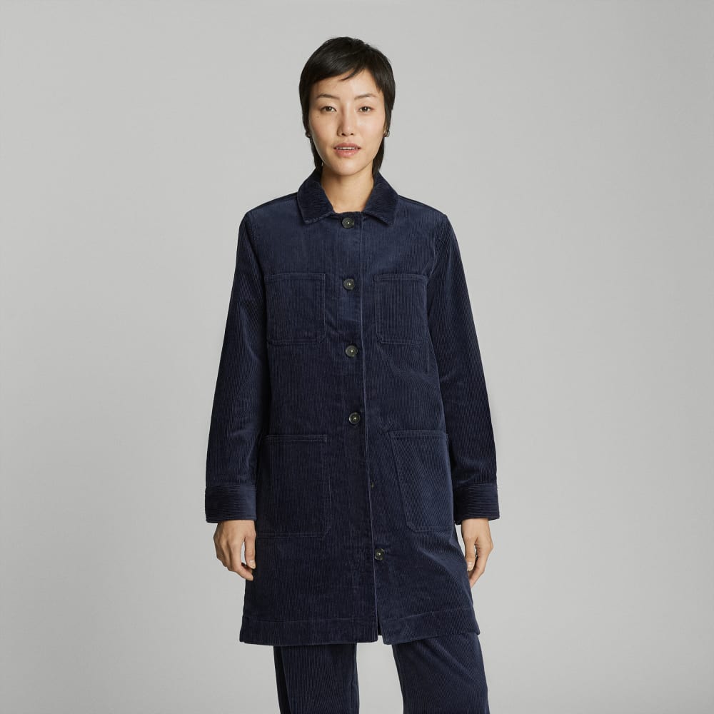 The Corduroy Long Shirt Jacket in Deep Navy — front view