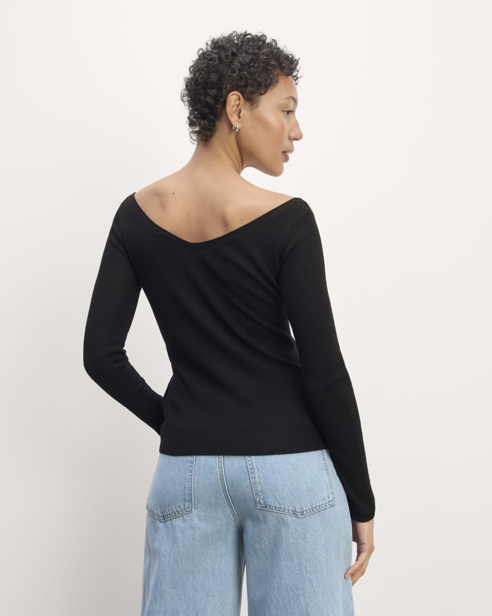 The Off-Shoulder Top in Ultrasoft Merino in Black — detail view