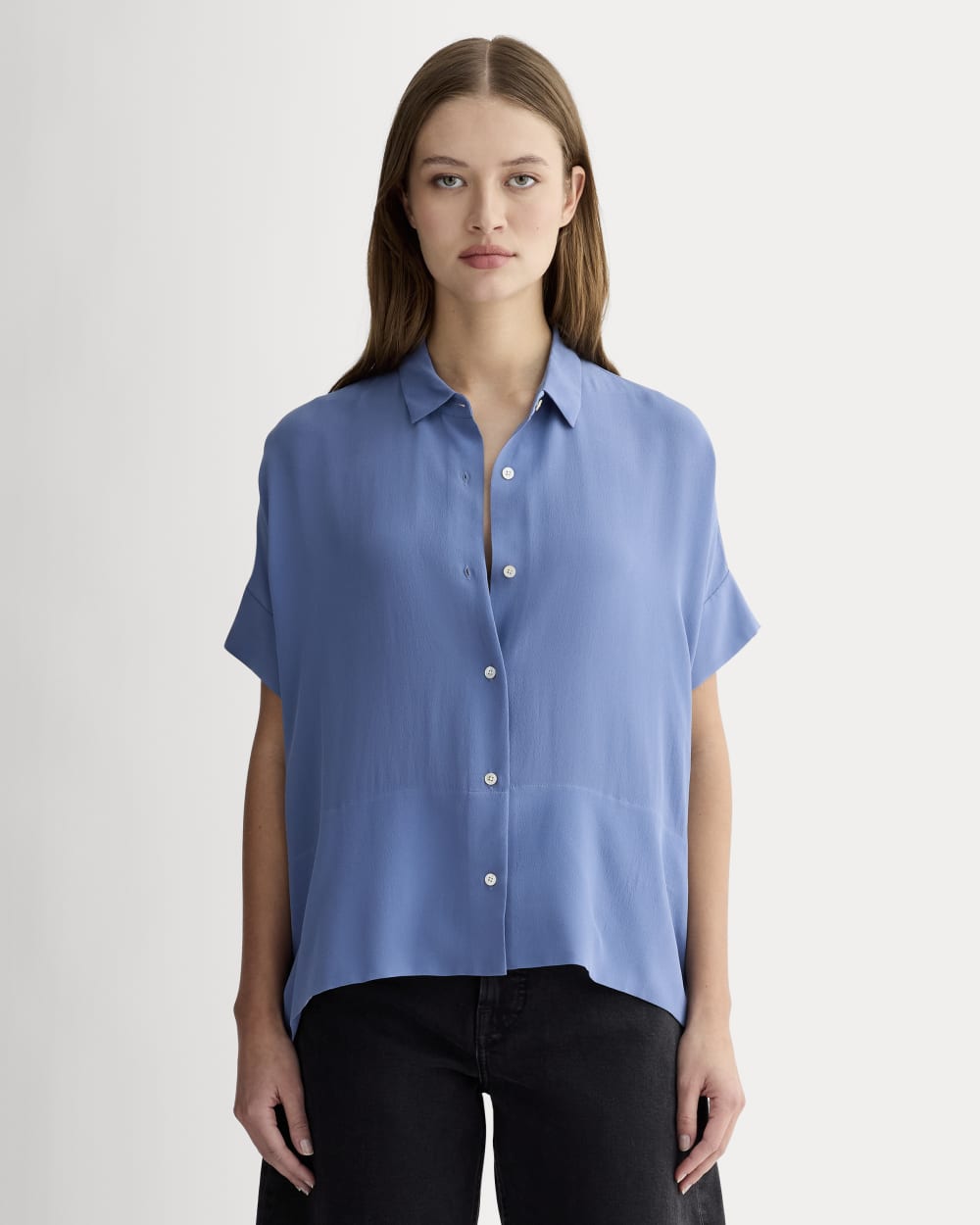 The Boxy Shirt in Washable Silk in French Blue — front view
