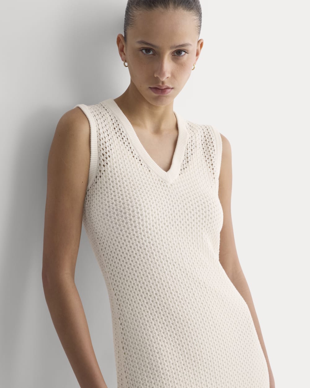Lace Knit Maxi Sweater Dress in Bone — detail view
