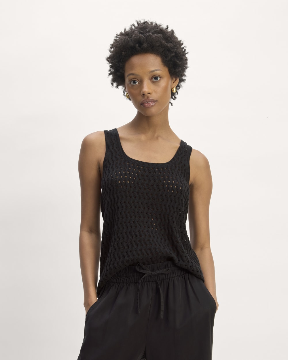 The Crochet Knit Tank in Black — detail view