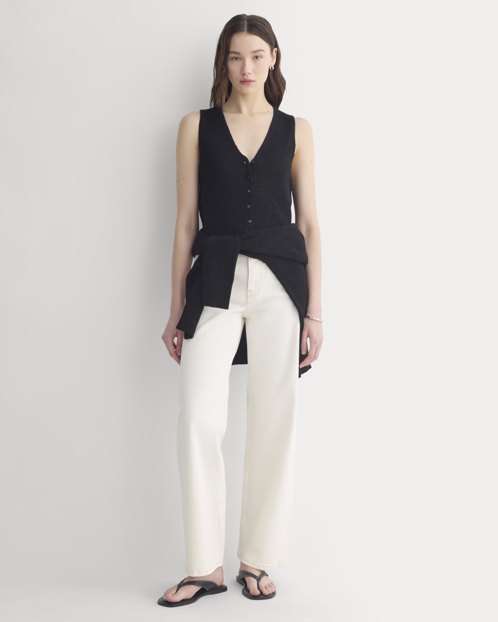 Button-Front Tank in Tape Yarn in Black — detail view