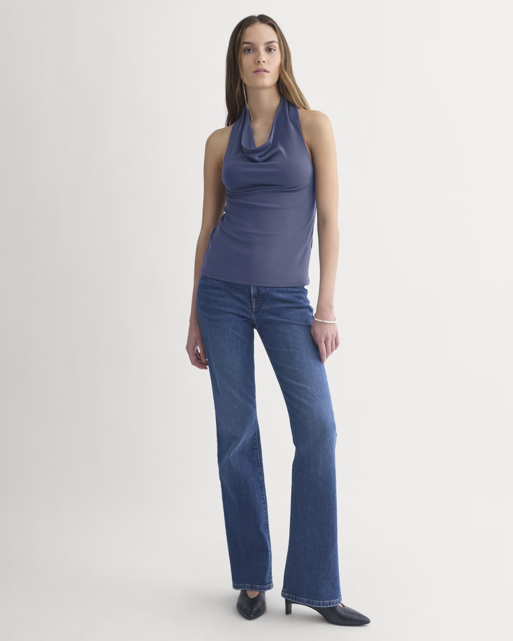 Halter Cowlneck Top in Butterknit in Washed Navy — detail view