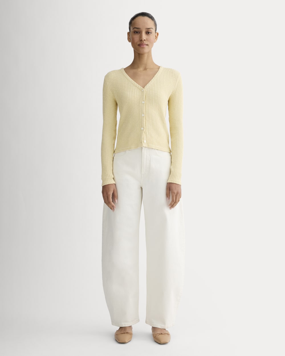 The Cozy Rib Cardigan in Banana Crepe — detail view
