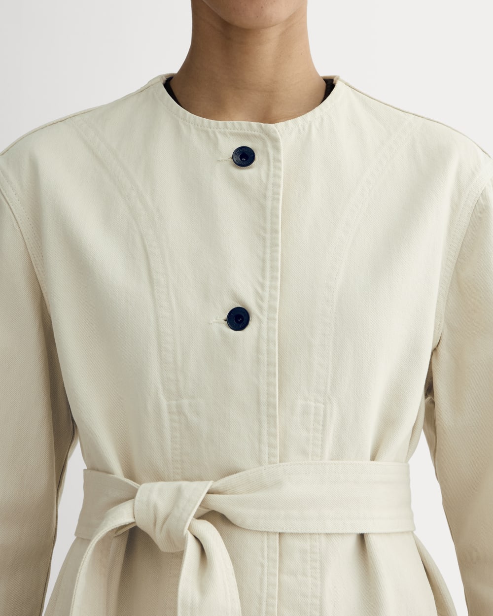 The Long Denim Barrel Jacket in Garment-Dyed Sand — detail view