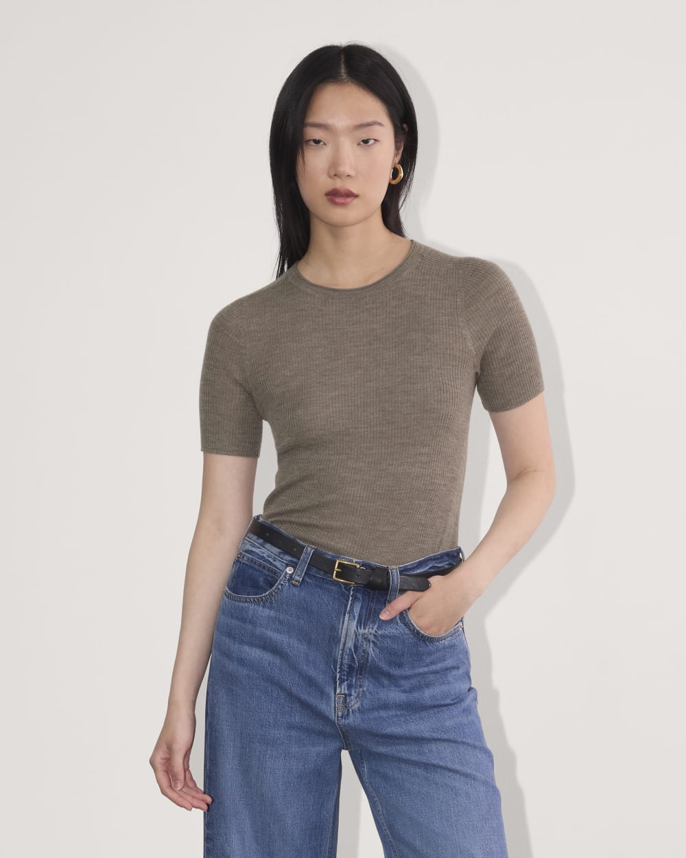The Sweater Tee in Ultrasoft Merino in Heather Cocoa — front view