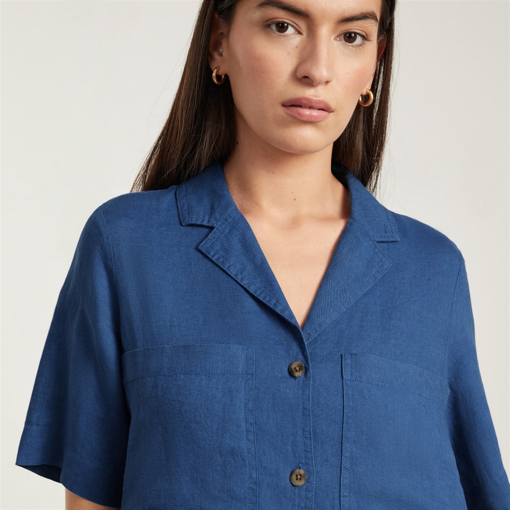 The Linen Workwear Dress in Deep Blue — detail view