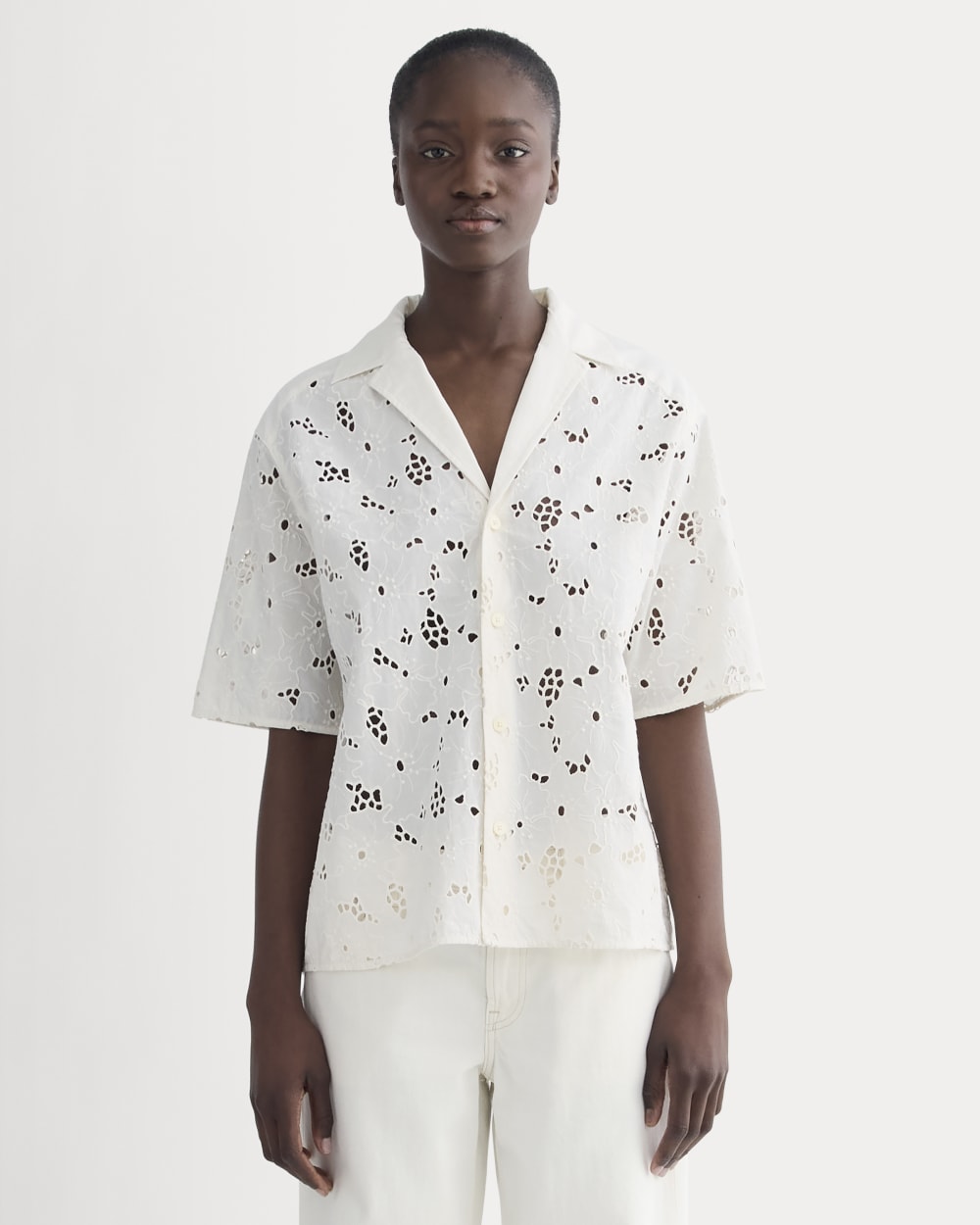 The Eyelet Camp Shirt in Bone — front view